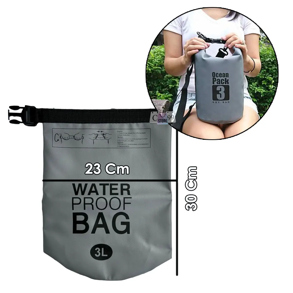 Bolso impermeable gris de 3 litros, 23cm de ancho, ideal para piscina.