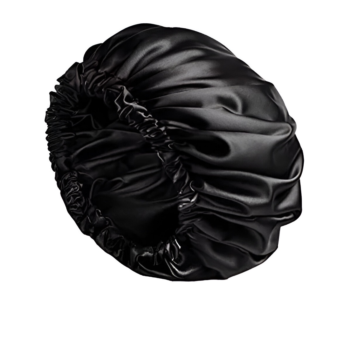 Gorro de satín negro, suave y ajustable, ideal para proteger el cabello del frizz.