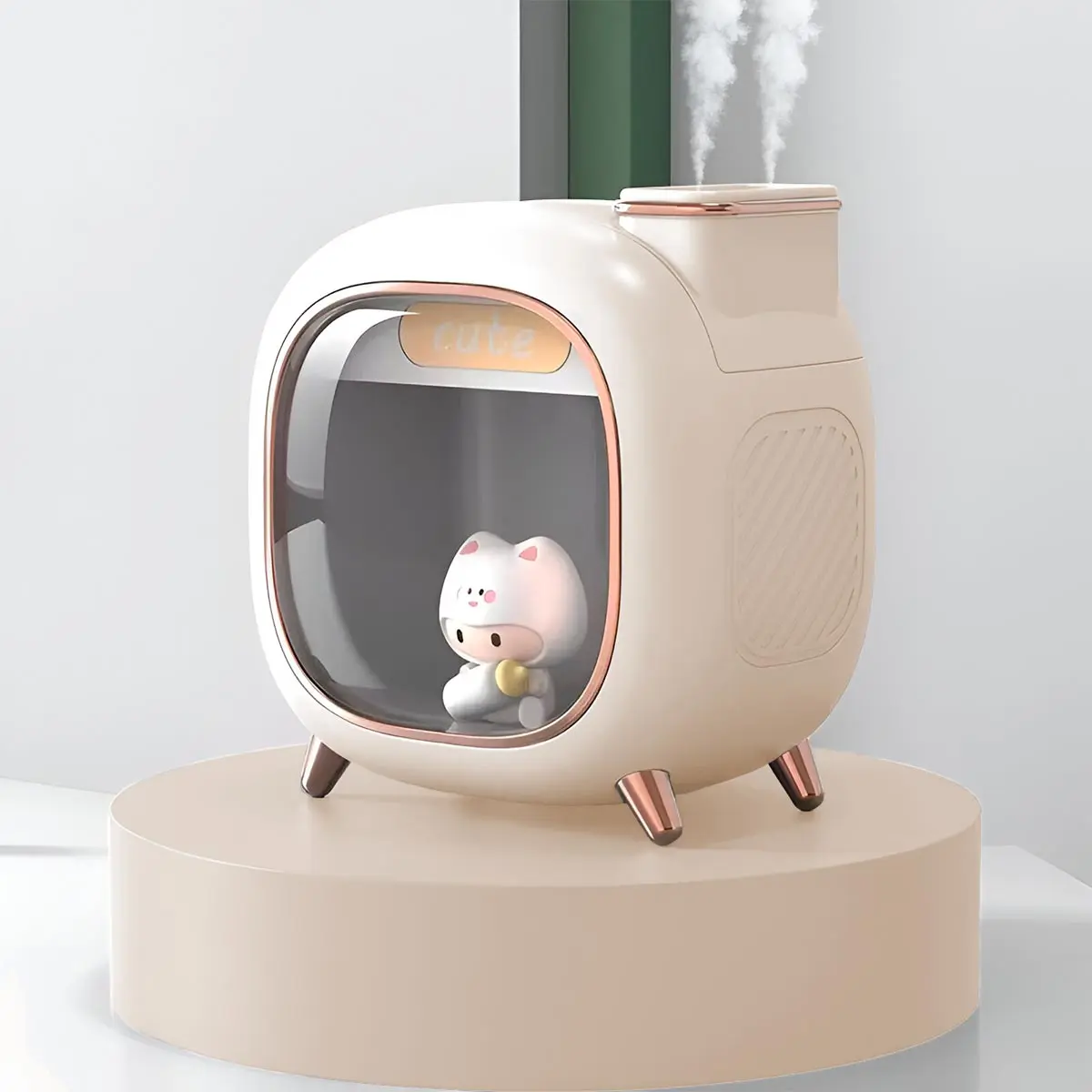 Humidificador blanco con figura de gatito y luces LED, ideal para ambientar espacios.