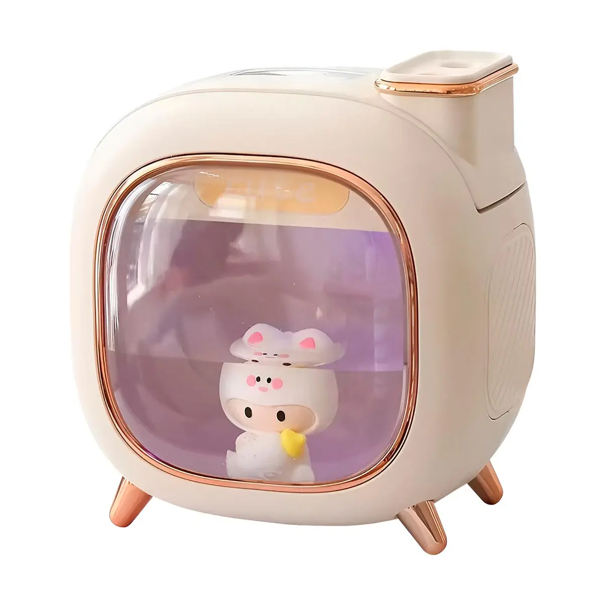 Humidificador led beige con figura de gatito y pantalla transparente, para ambientar.