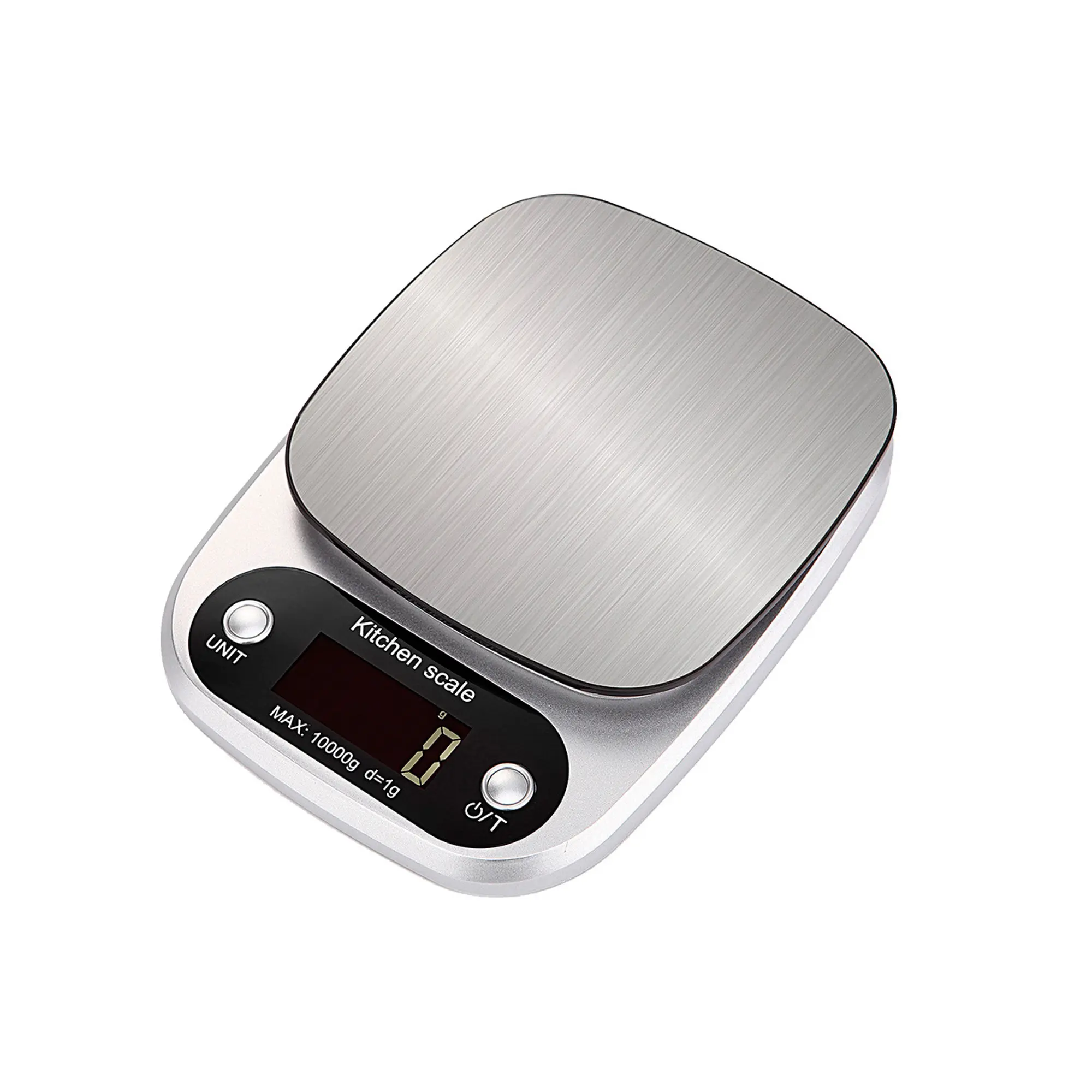 Balanza gramera digital plateada de 10 kg, con pantalla LCD y botones de unidad y tara.