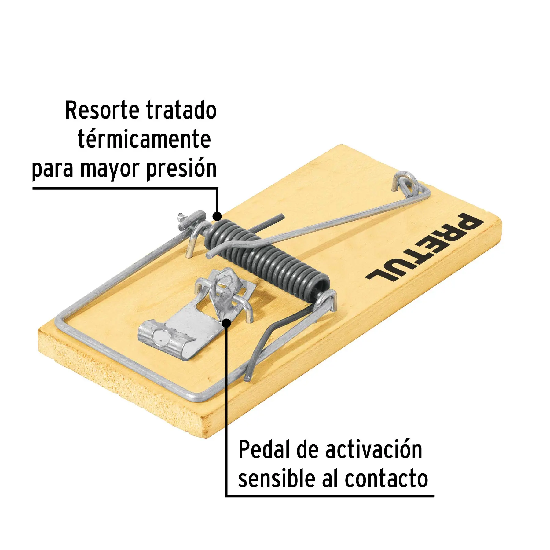 Trampa para ratones de madera Pretul con resorte tratado y pedal sensible, ideal para mayor presión.
