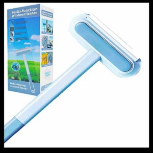 Limpiador de ventanas azul y blanco con mango largo, ideal para hacer la limpieza fácil.