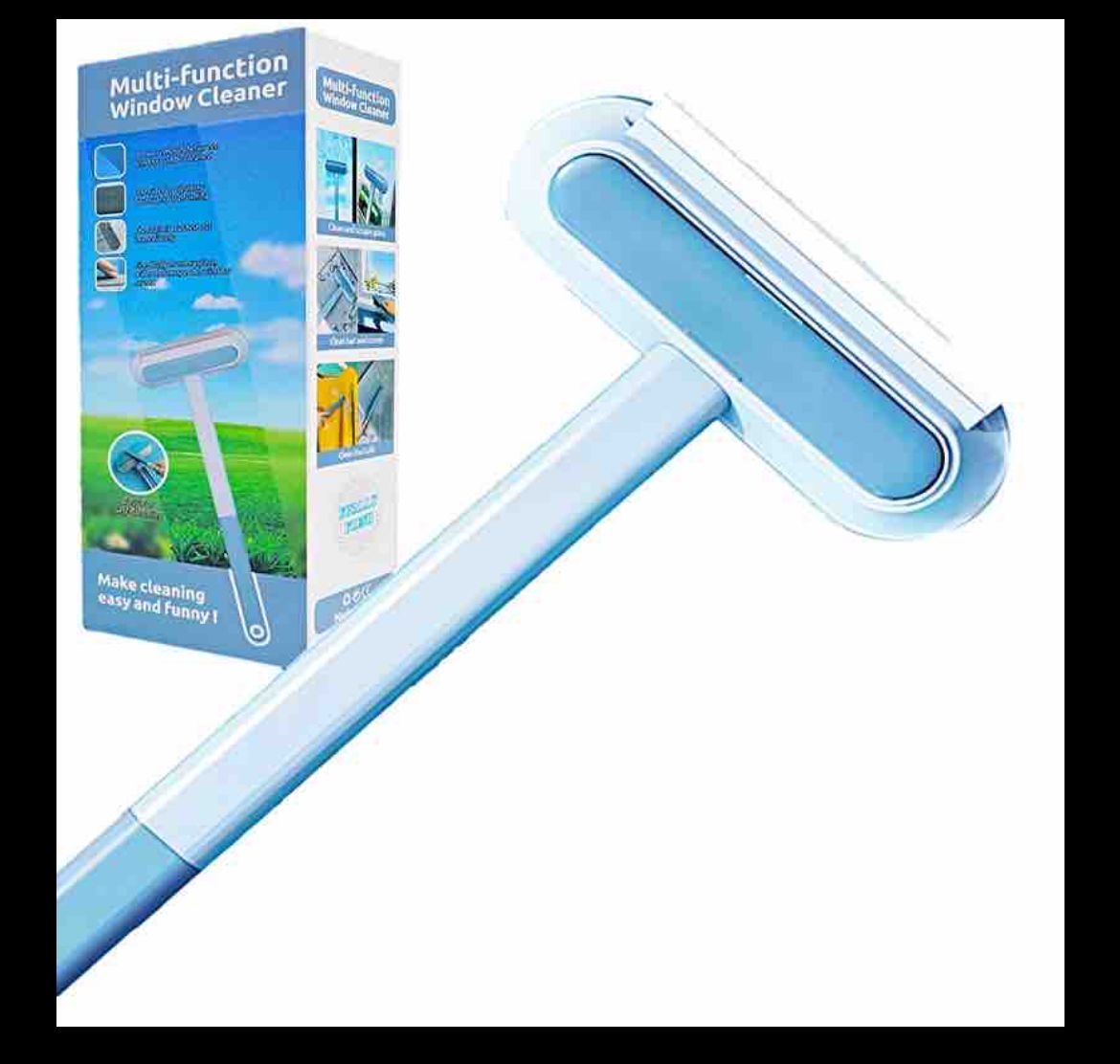 Limpiador de ventanas azul y blanco con mango largo, ideal para hacer la limpieza fácil.