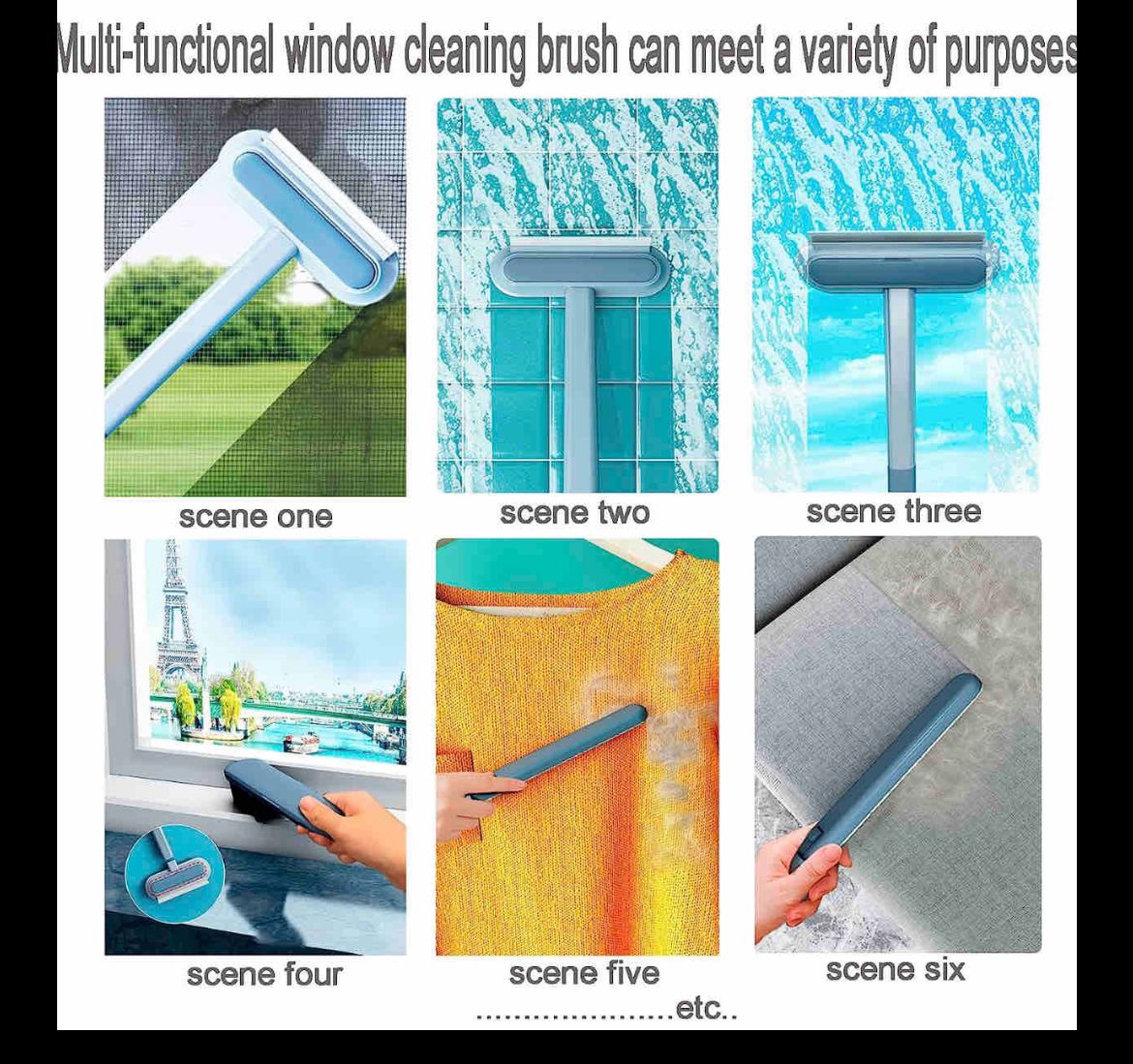 Limpiador de ventanas multifuncional azul y blanco limpiando mosquitero, azulejos, suéter y sofá.