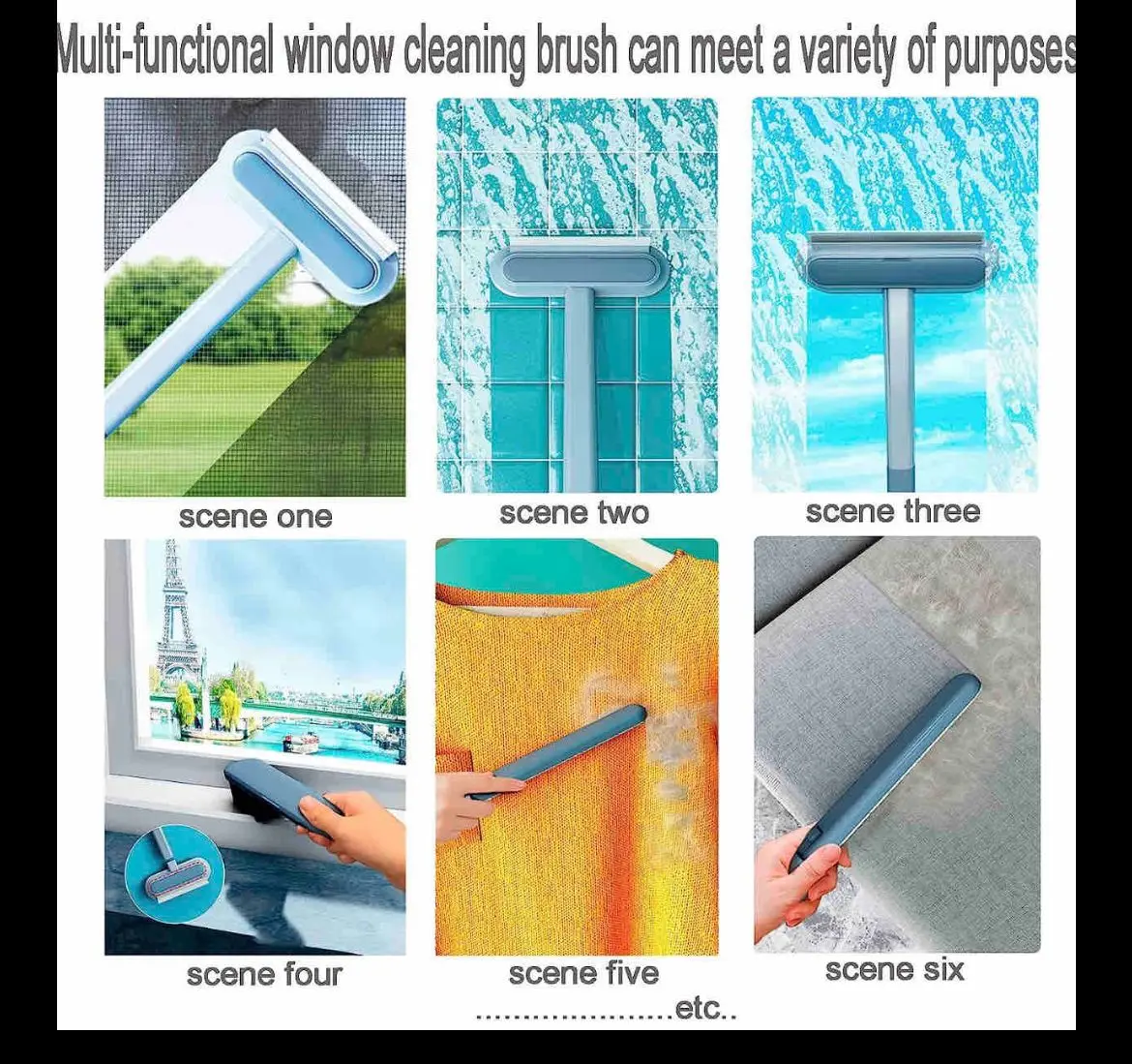 Limpiador de ventanas multifuncional azul y blanco limpiando mosquitero, azulejos, suéter y sofá.