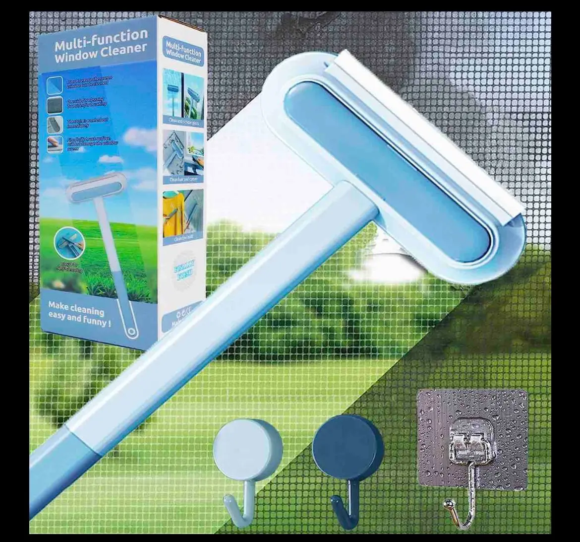 Limpia vidrios para ventanas con mango largo, azul y blanco, para uso interior y exterior.