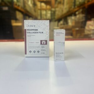 Caja de mascarillas de colágeno OUHOE y serum facial de nicotinamida, enfoque en el empaque y detalles de ingredientes.