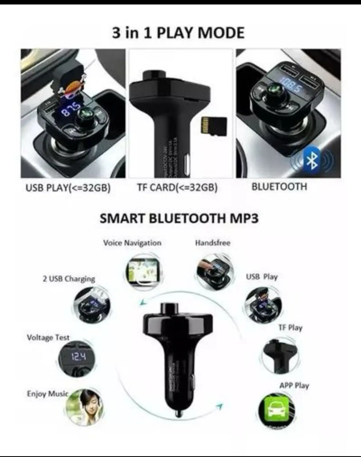 Convertidor Bluetooth para coche, reproduce música y carga dispositivos vía USB, TF y Bluetooth.