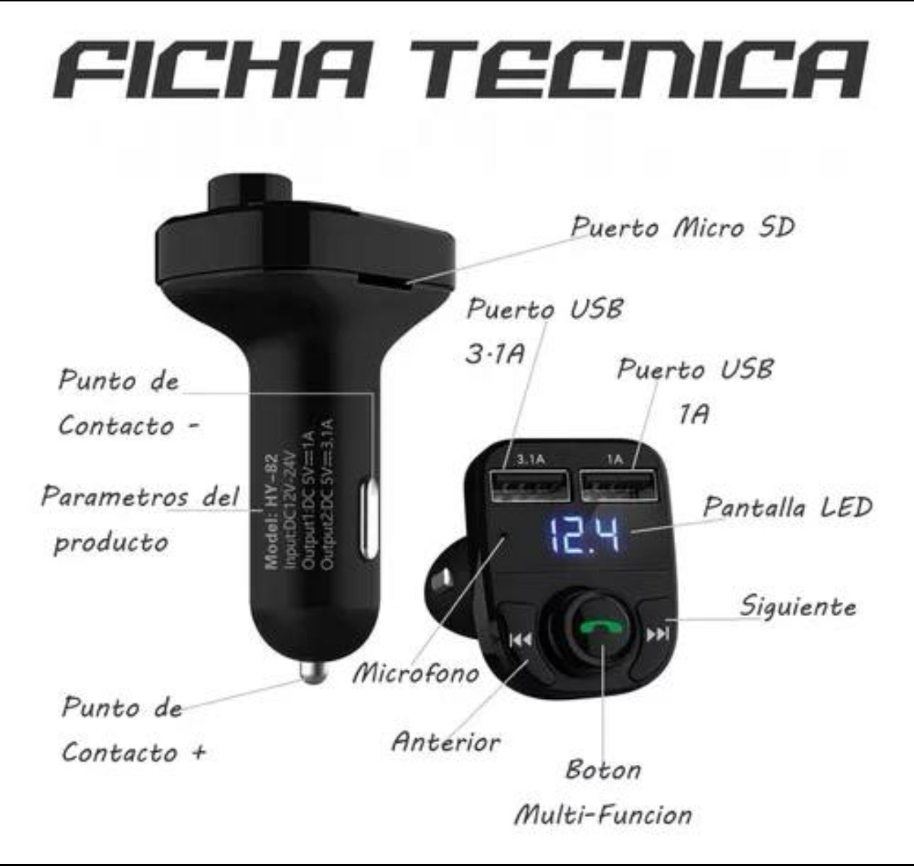 Transmisor FM Bluetooth para coche con pantalla LED, dos puertos USB (3.1A y 1A), puerto Micro SD y micrófono.