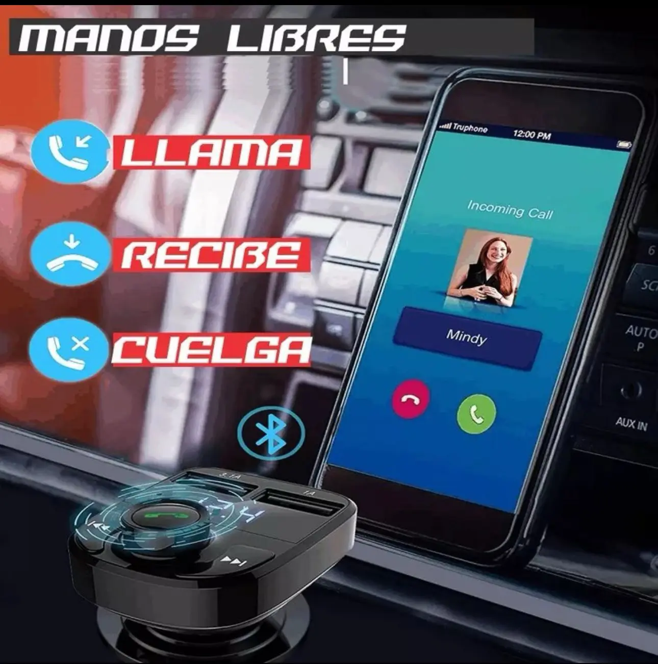 Manos libres Bluetooth para coche: llama, recibe y cuelga llamadas. Incluye dispositivo y celular con llamada entrante.