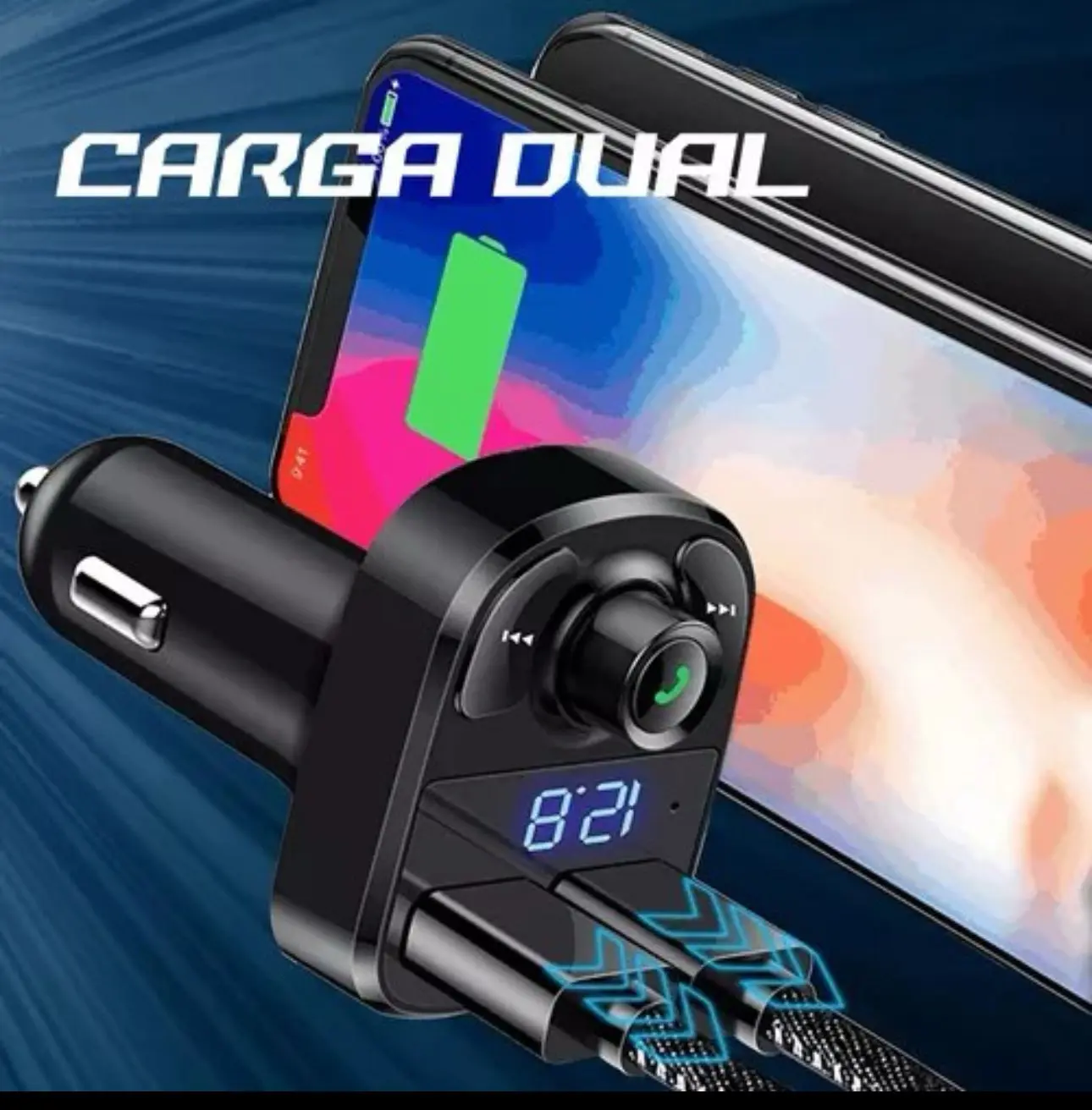 Cargador dual para coche con pantalla LED 12.8V y dos cables de carga, ideal para manos libres y música.