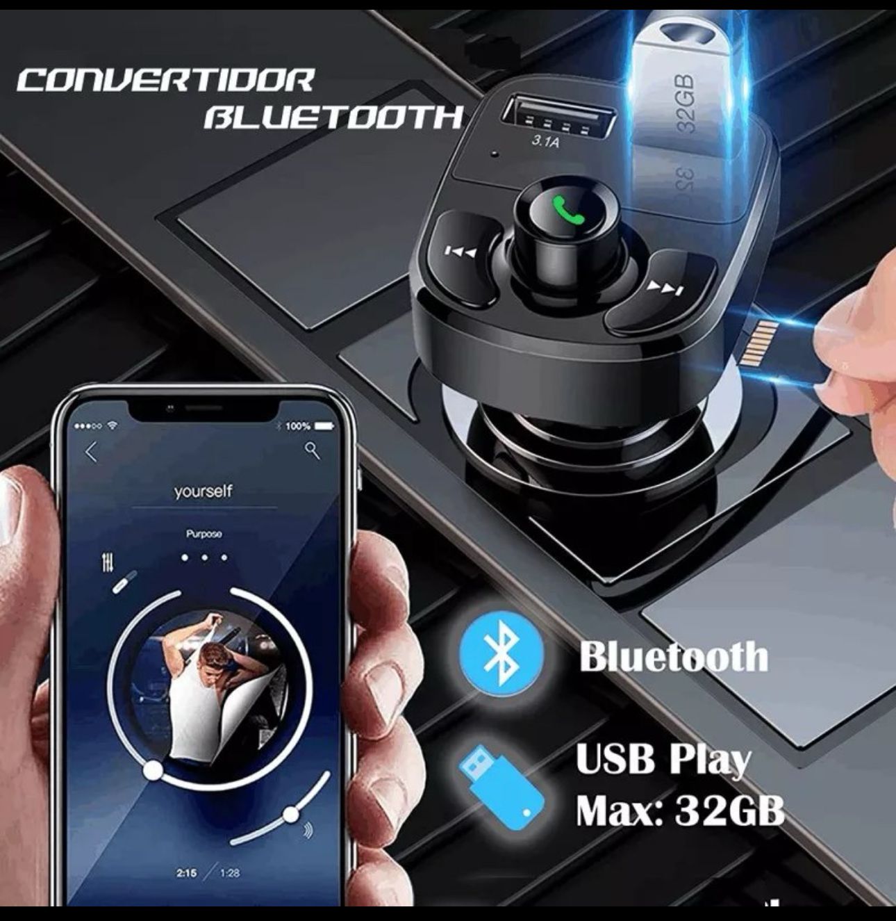 Convertidor Bluetooth para coche, manos libres y reproductor USB hasta 32GB, con pantalla de móvil mostrando música.