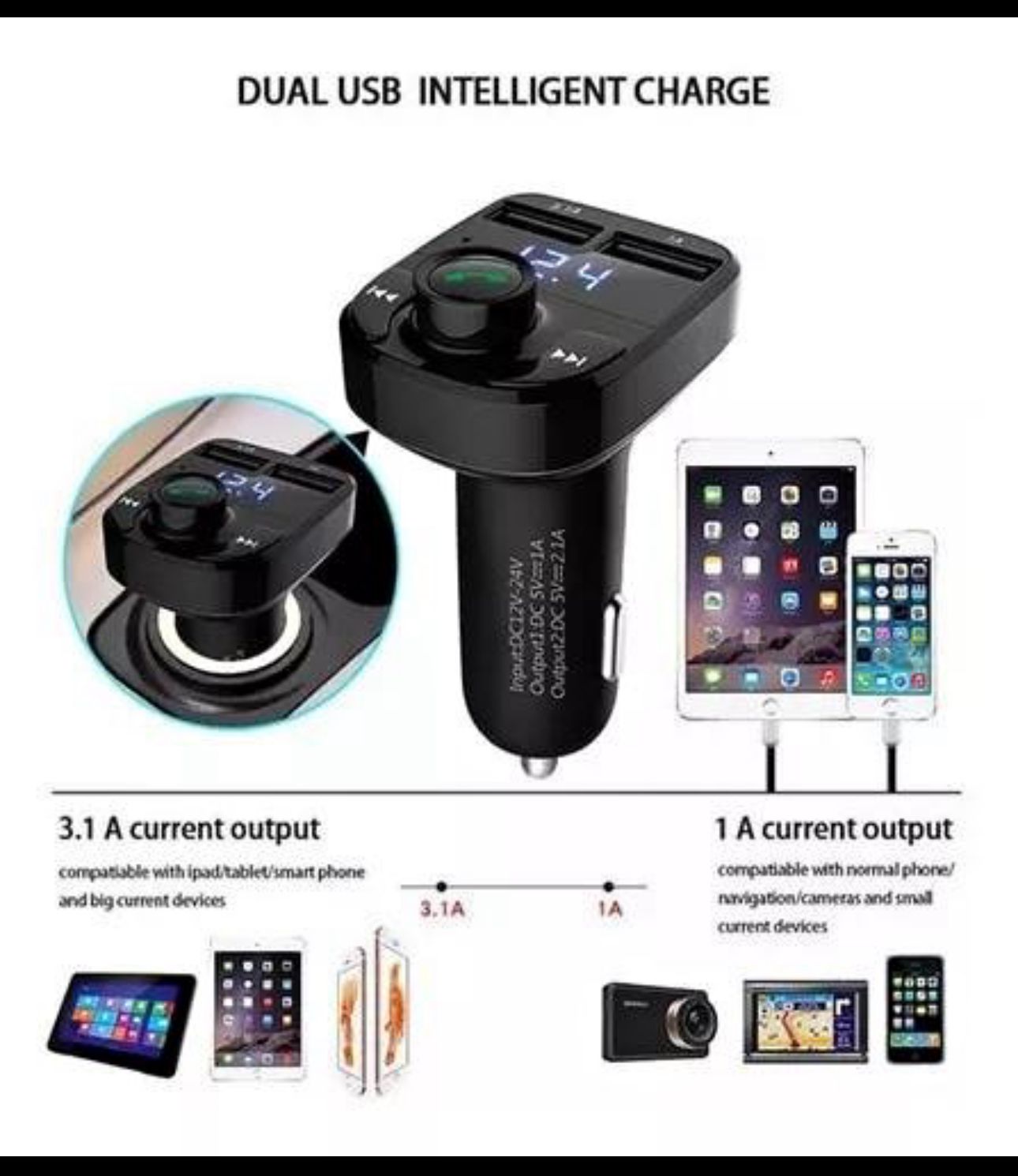Cargador dual USB para carro, con pantalla digital 12.4, compatible con iPad, tablet, smartphone y dispositivos de navegación.
