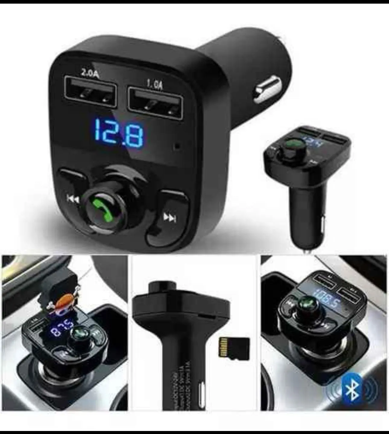 Set x2 convertidores Bluetooth para coche, negros, con pantalla LED azul y puertos USB, uno muestra 12.8, el otro 106.5.