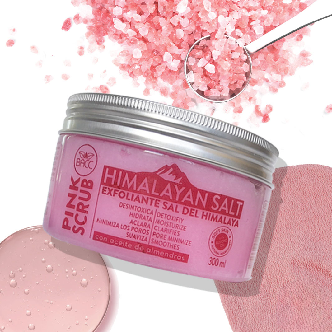 Exfoliante corporal de sal del Himalaya rosa en frasco de 300 ml, con textura granulada visible.