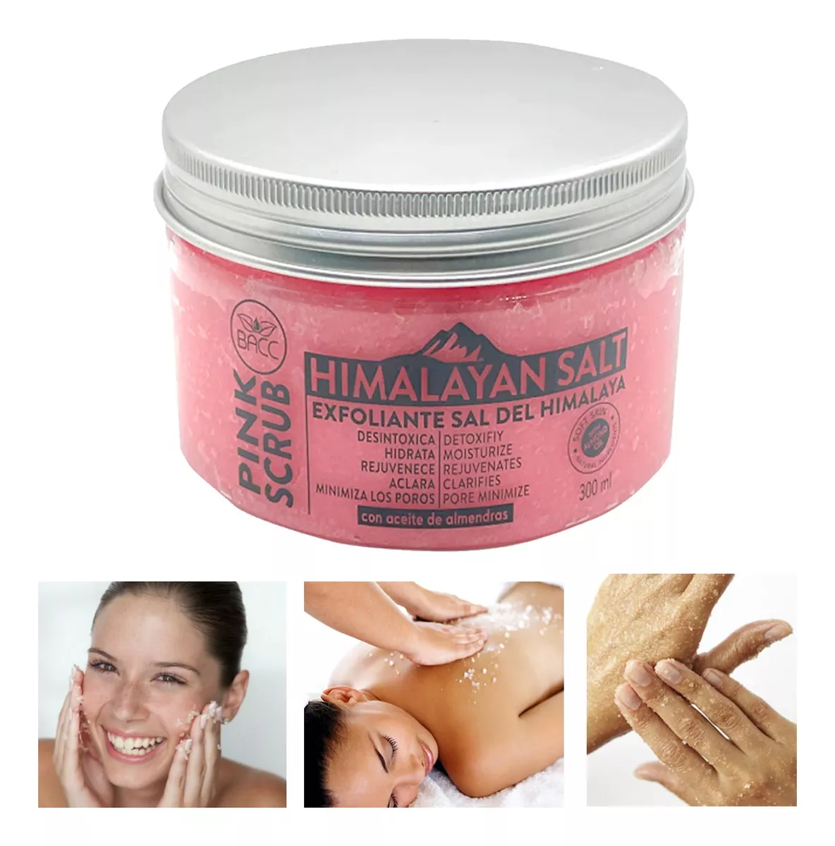 Exfoliante corporal BACC Pink Scrub Sal del Himalaya con aceite de almendras en presentación de 300ml.