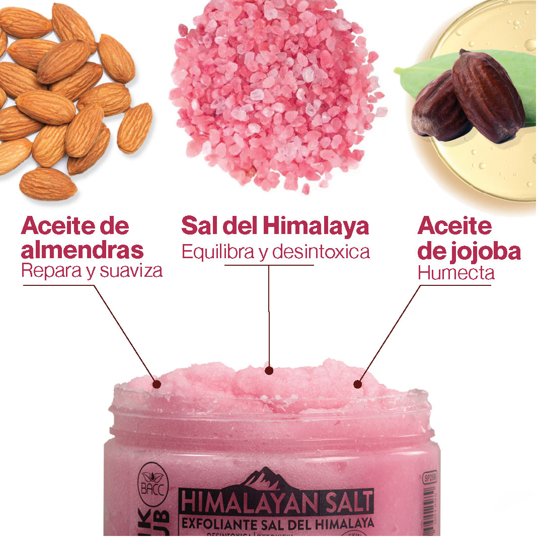Exfoliante corporal con sal del Himalaya, aceite de almendras y jojoba en tarro abierto, con ingredientes separados arriba.