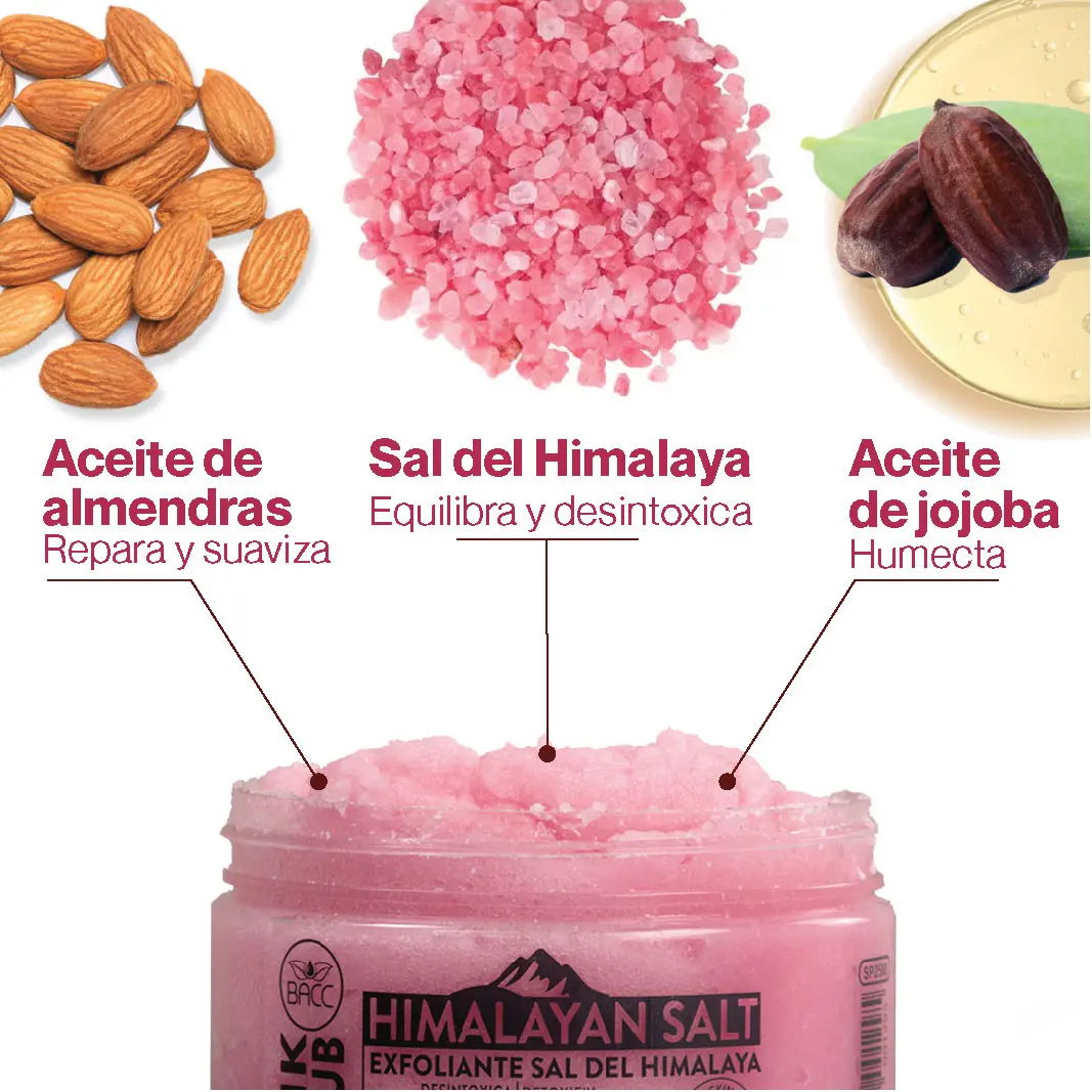 Exfoliante corporal con sal del Himalaya, aceite de almendras y jojoba en tarro abierto, con ingredientes separados arriba.