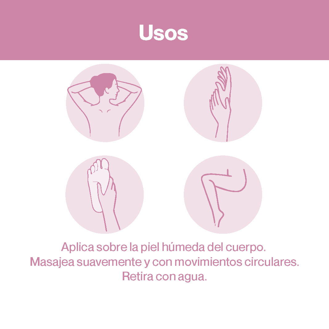 Uso de exfoliante corporal Sal del Himalaya: aplicaciones en cuello, manos, pies y piernas con instrucciones de masaje.