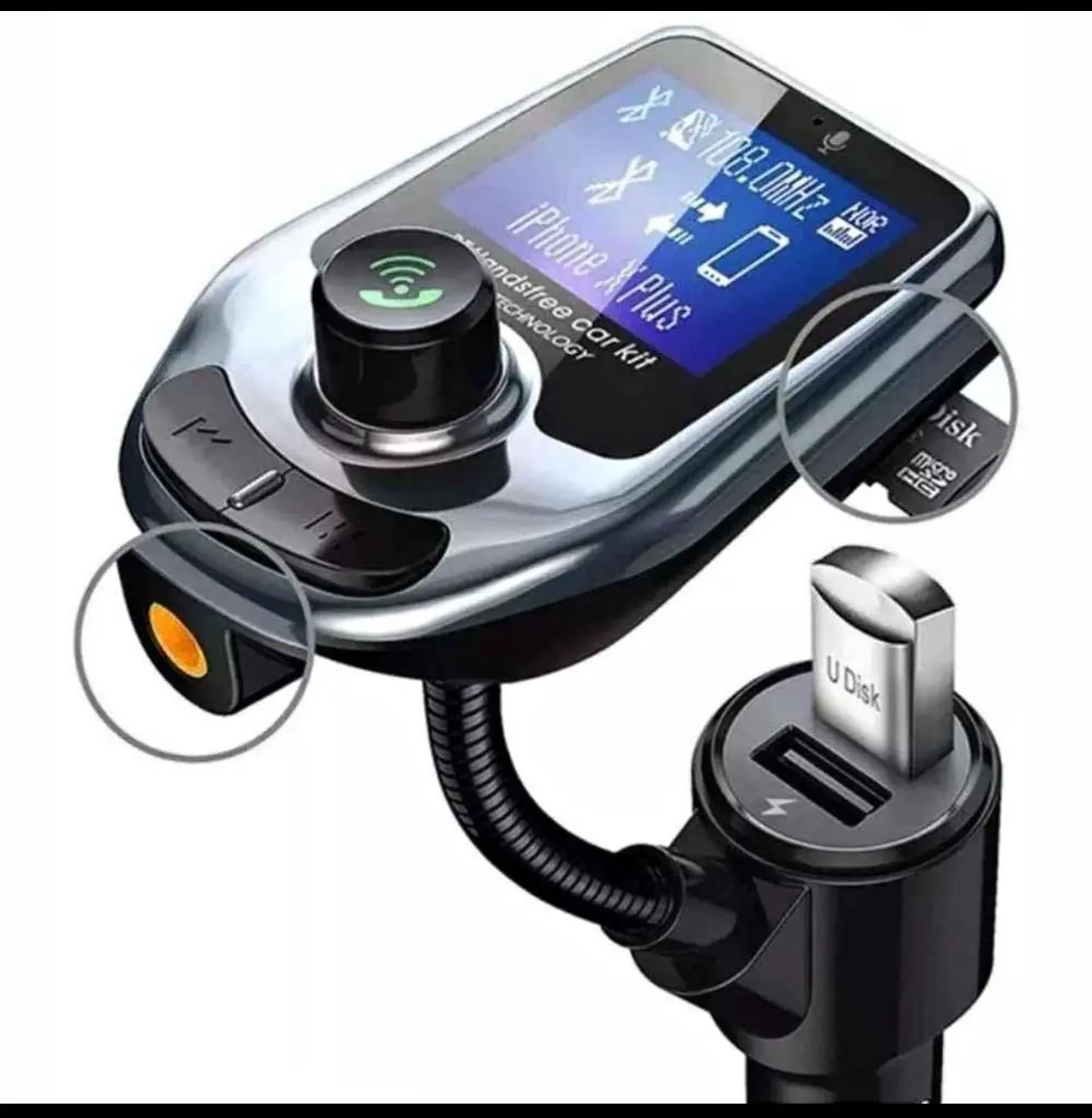 Transmisor FM Bluetooth para coche, manos libres, con pantalla, puerto USB y ranura Micro SD.