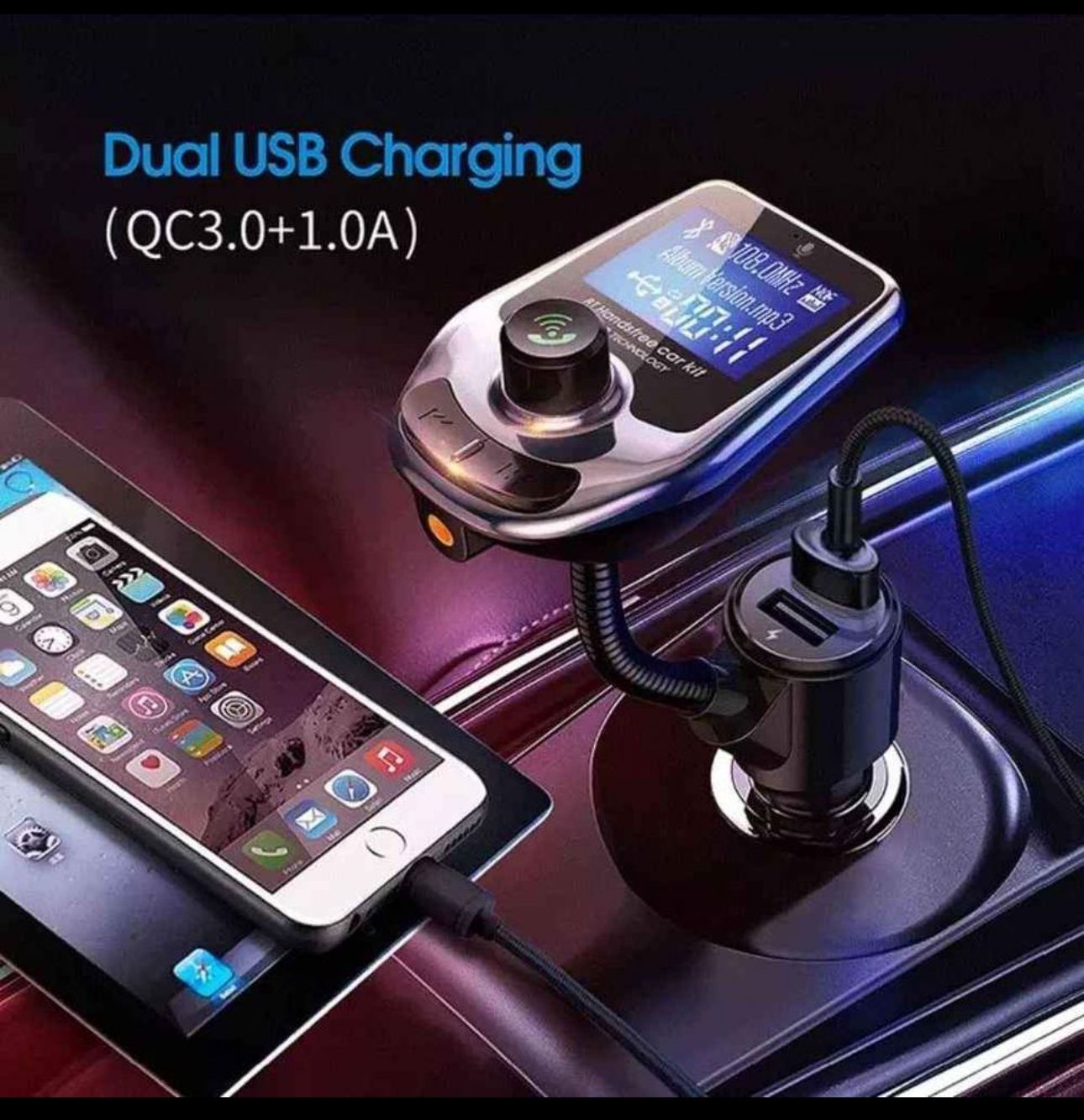 Cargador dual USB para coche con pantalla, manos libres Bluetooth y puerto de carga QC3.0+1.0A.