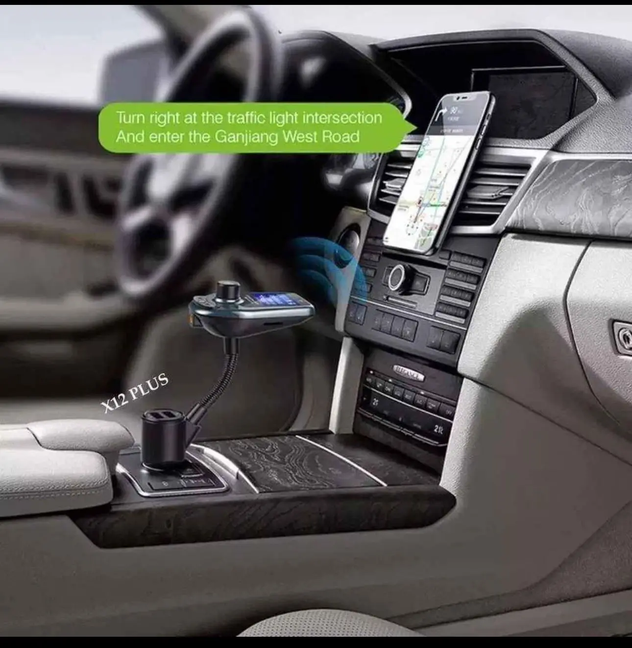 Set x2 Convertidor Bluetooth Coche A30 en consola central, con GPS en celular y texto de navegación.