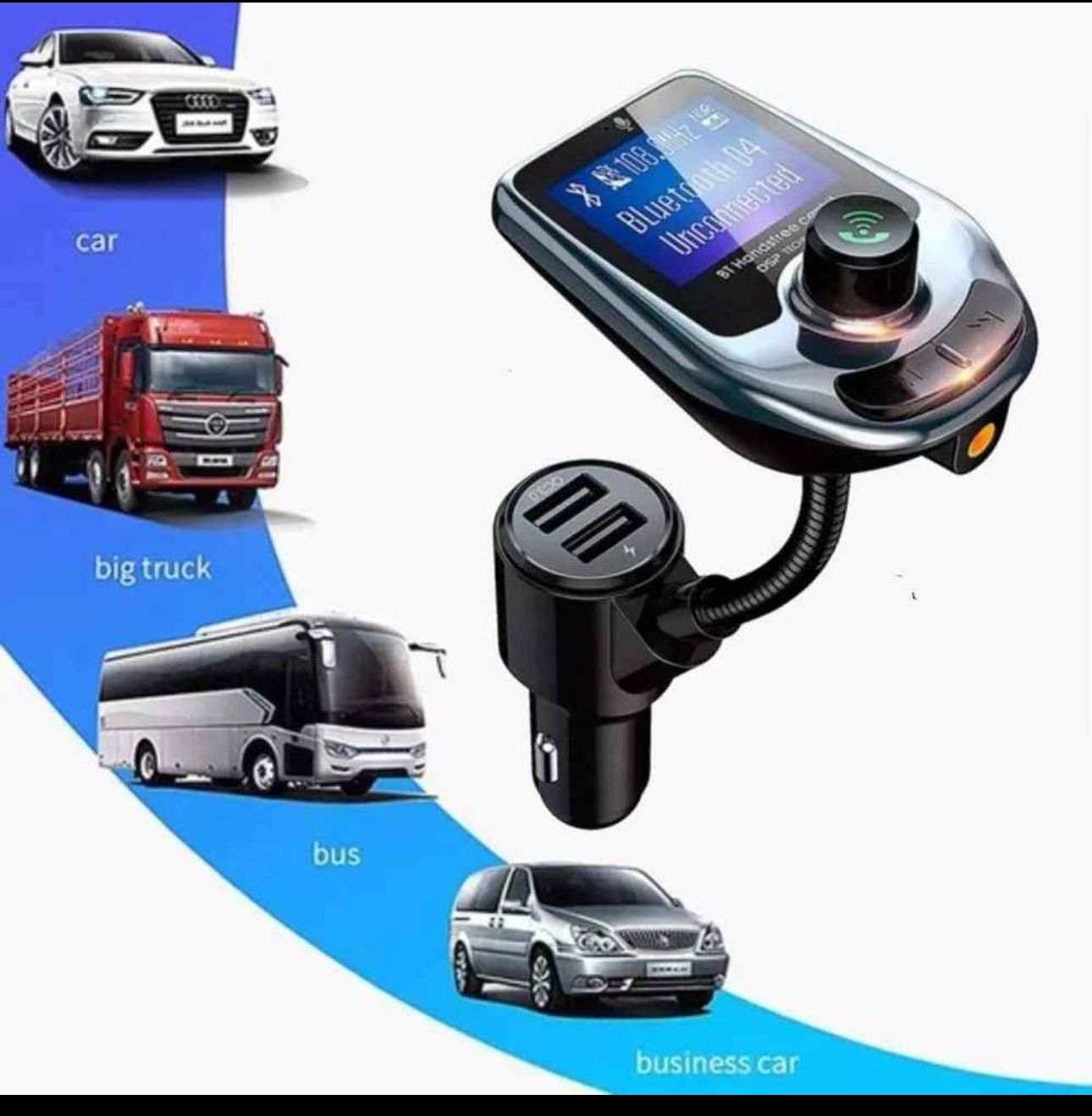 Set x2 convertidor Bluetooth para coche A30, con pantalla y dos puertos USB, ideal para autos, camiones y buses.