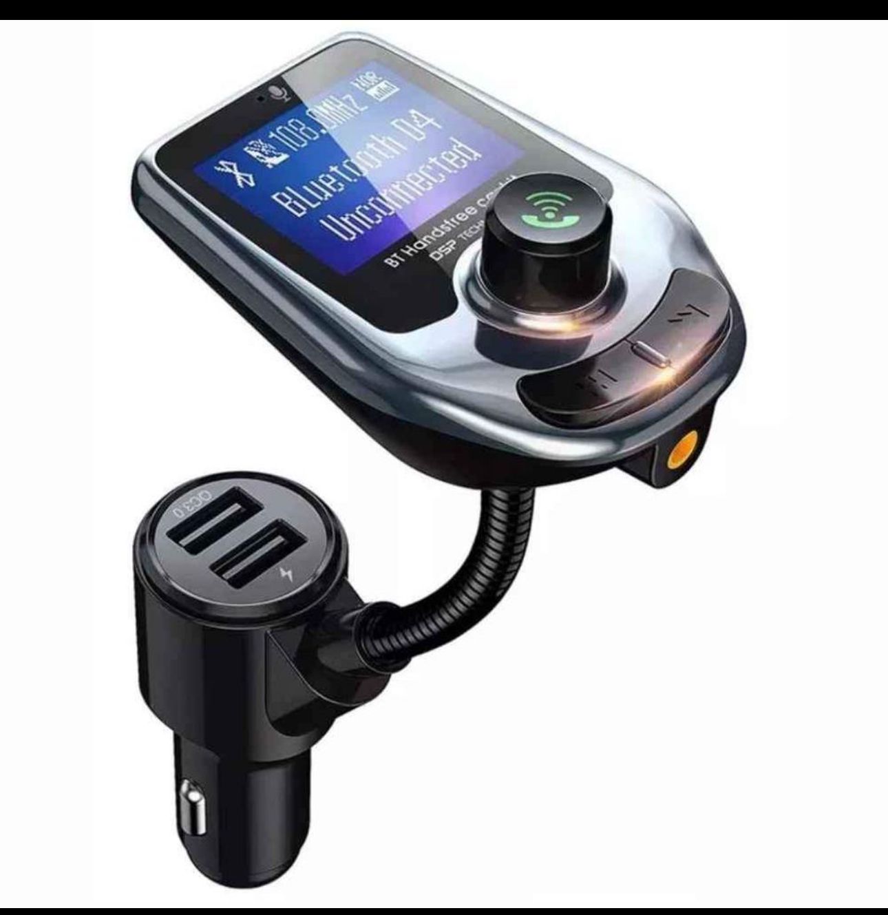 Transmisor Bluetooth para auto con pantalla, dos puertos USB QC3.0 y control de llamadas.