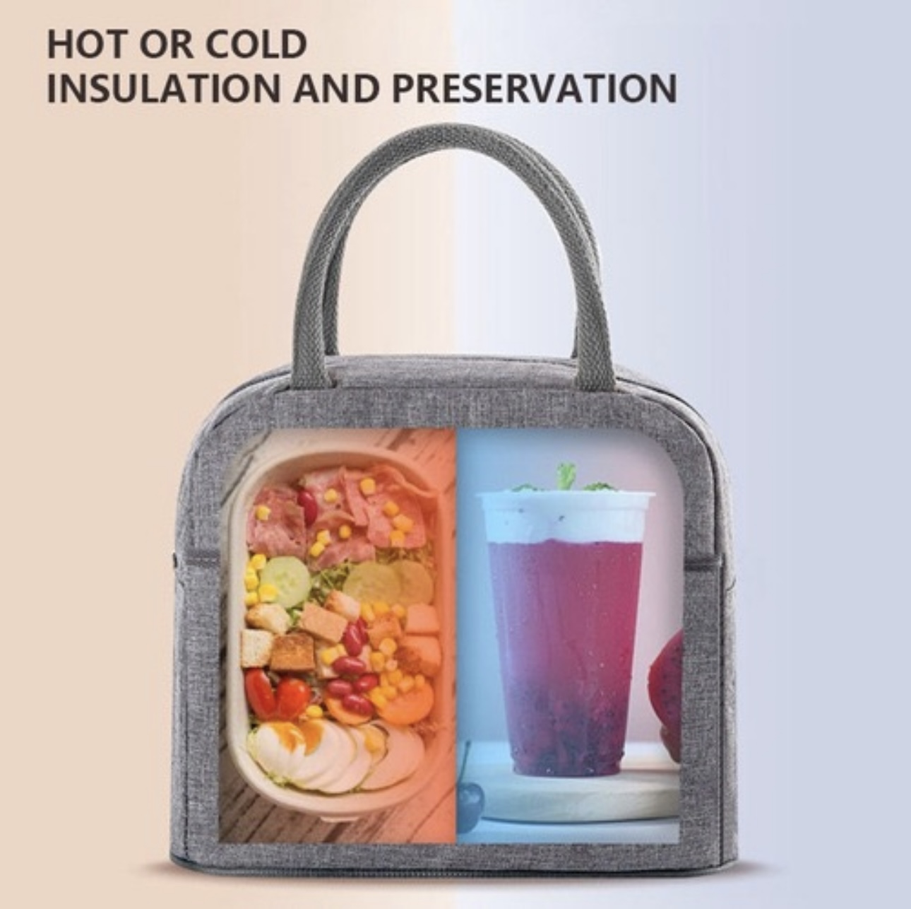 Lonchera térmica gris con ensalada y bebida, ideal para hot/cold food.