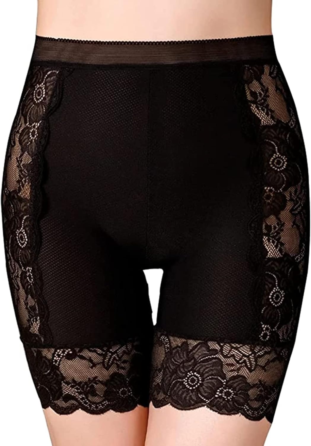 Panty control abdomen tiro alto negro con encaje en piernas, moldea y evita rozaduras.
