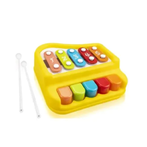 Xilófono amarillo con 5 teclas de colores y 5 barras de metal para niños, incluye 2 baquetas blancas.