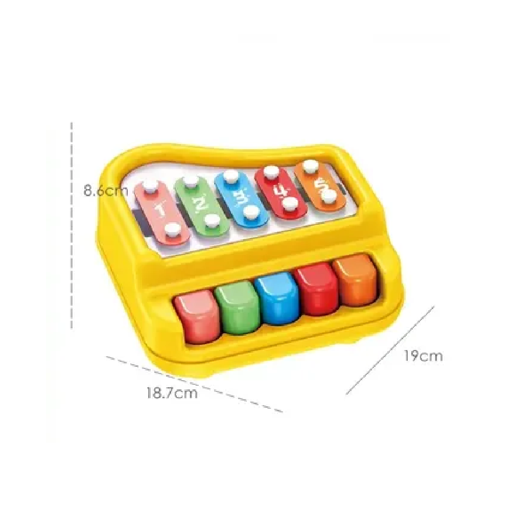 Xilófono amarillo infantil 5 tonos con teclas de colores, mide 8.6cm de alto, 18.7cm de largo y 19cm de ancho.