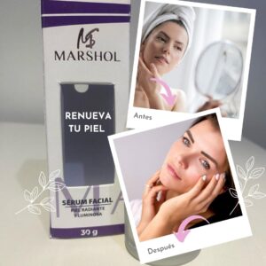 Serum facial Marshol, caja morada, 30g. Antes y después de piel radiante y luminosa.