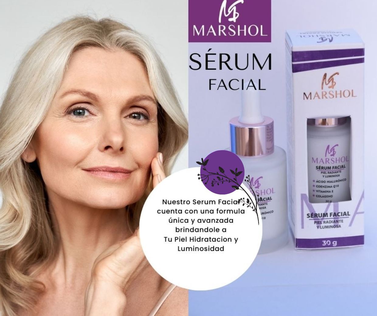 Serum facial Marshol con Ácido Hialurónico, Coenzima Q10 y Vitamina E, 30g, para piel radiante y luminosa.