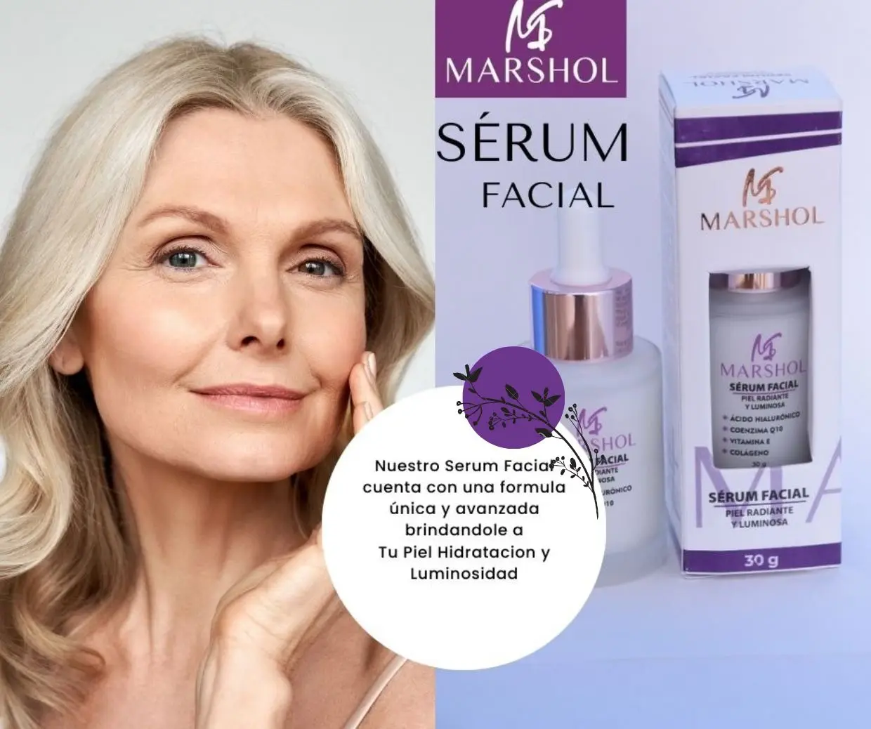 Serum facial Marshol con Ácido Hialurónico, Coenzima Q10 y Vitamina E, 30g, para piel radiante y luminosa.