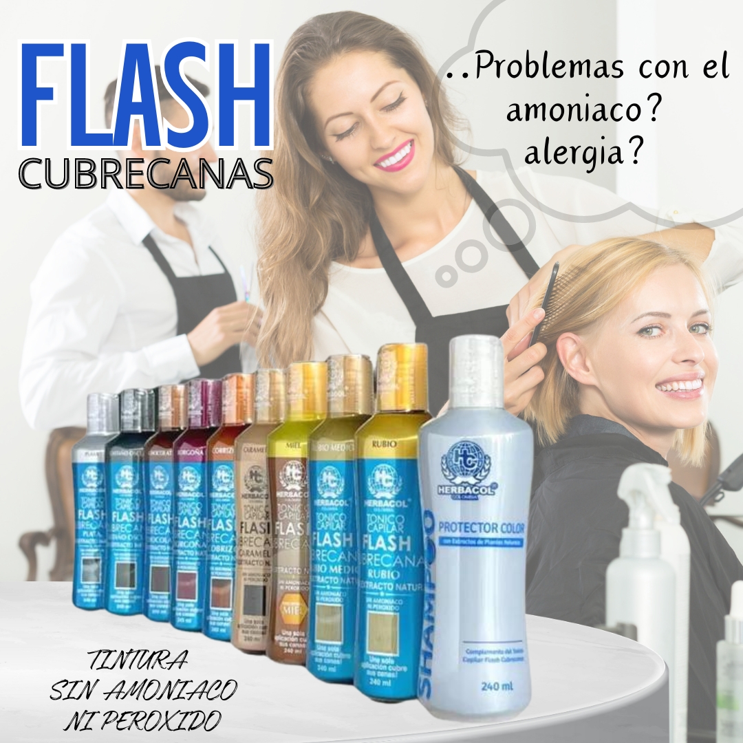 Línea de tinturas Flash Cubre Canas sin amoniaco ni peróxido, para un cabello radiante.