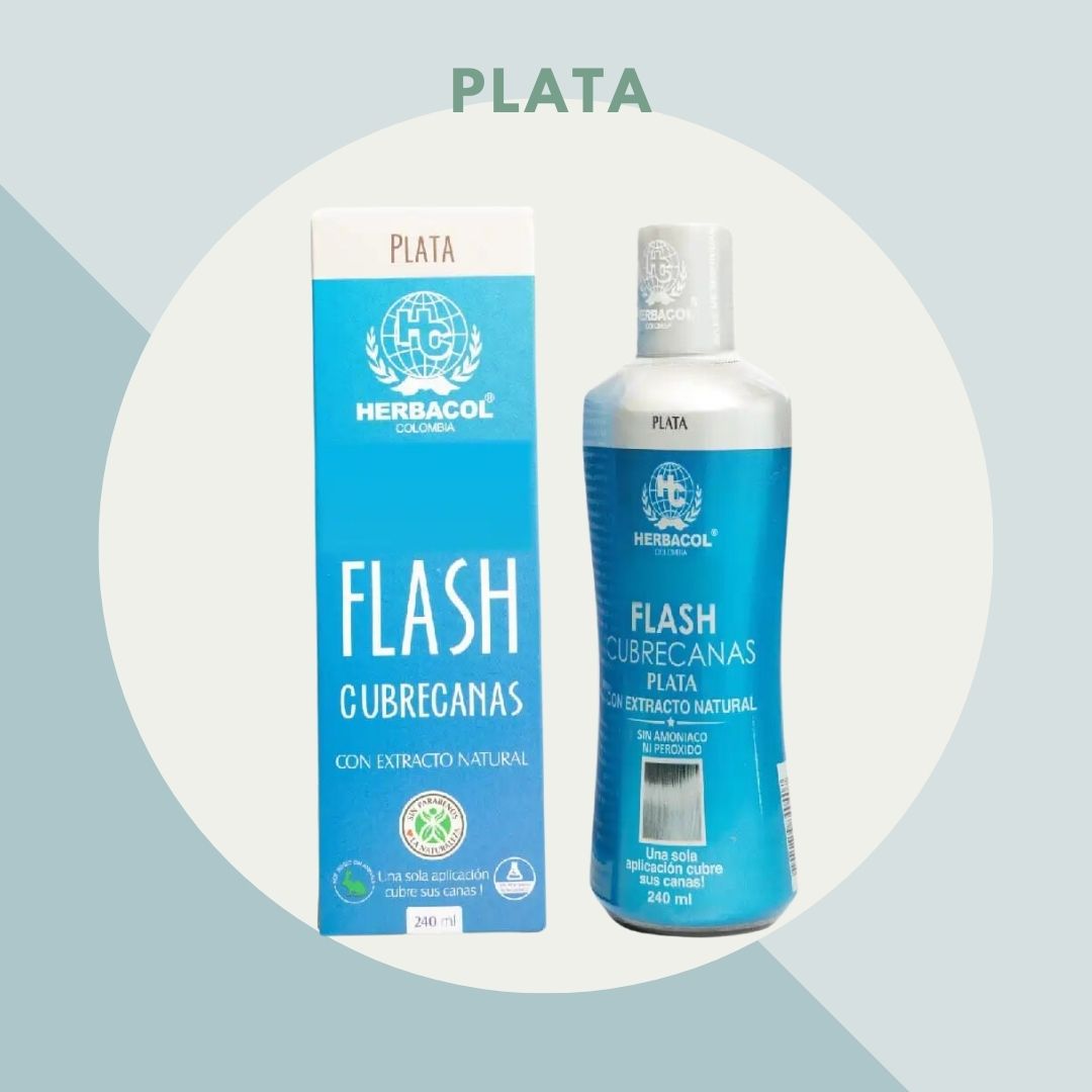 Herbacol Flash Cubre Canas Plata con extracto natural, botella y caja. Efecto inmediato.