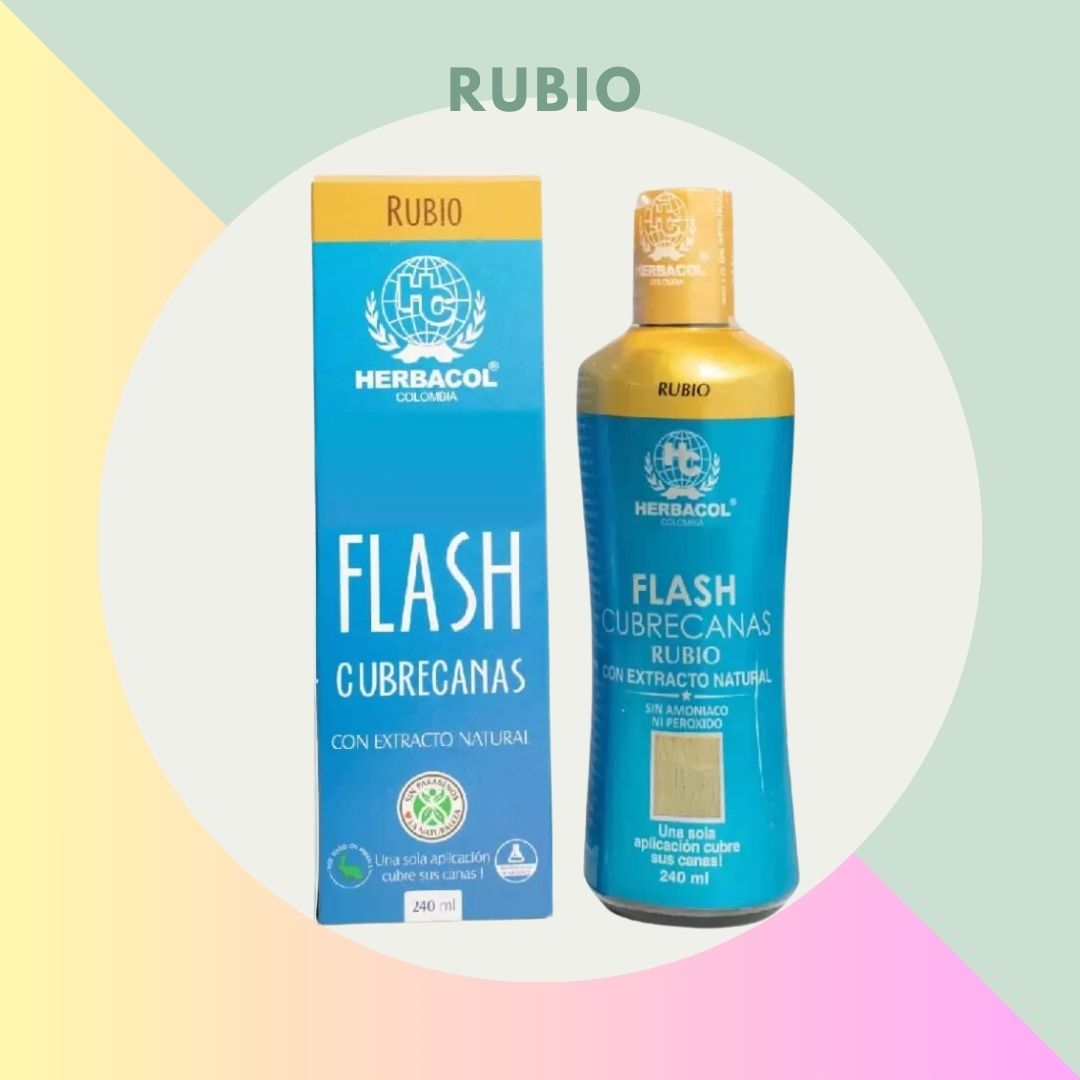 Caja y botella RUBIO Flash Cubre Canas Herbacol 240 ml, cubre canas con extracto natural.