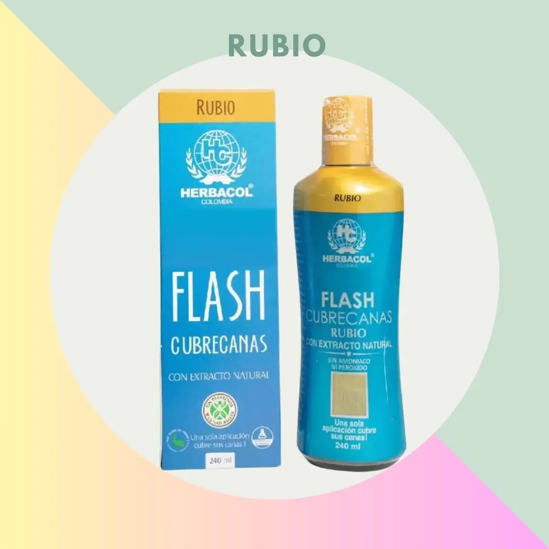 Caja y botella RUBIO Flash Cubre Canas Herbacol 240 ml, cubre canas con extracto natural.