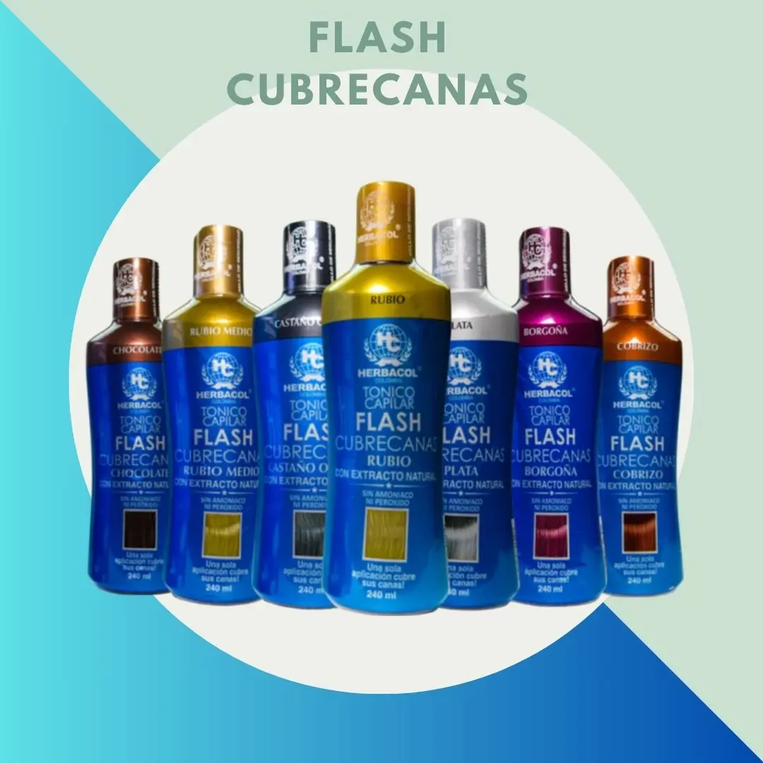 Línea de tonicos capilares Flash Cubre Canas de Herbacol en diferentes tonos.