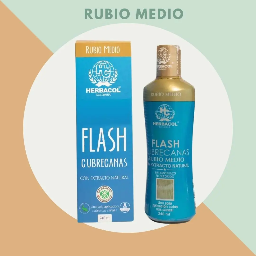 Herbacol Flash Cubre Canas Rubio Medio, en caja y botella, cubre canas instantáneamente.