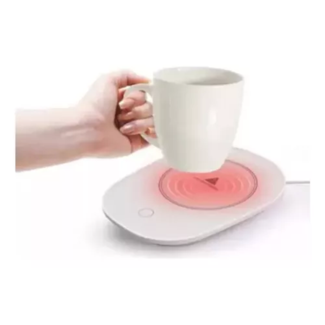 Calentador de tazas USB blanco con luz roja, mantiene tu bebida caliente. Ideal para café o té.