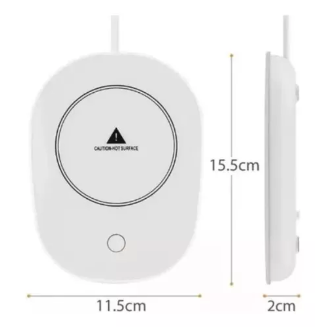 Calentador de tazas USB blanco, 11.5x15.5x2cm, con advertencia de superficie caliente.