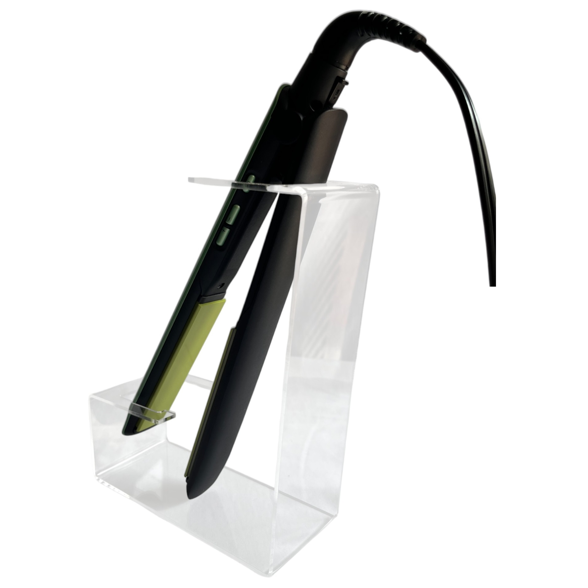 Plancha de cabello profesional negra y verde lima en soporte organizador acrílico transparente.