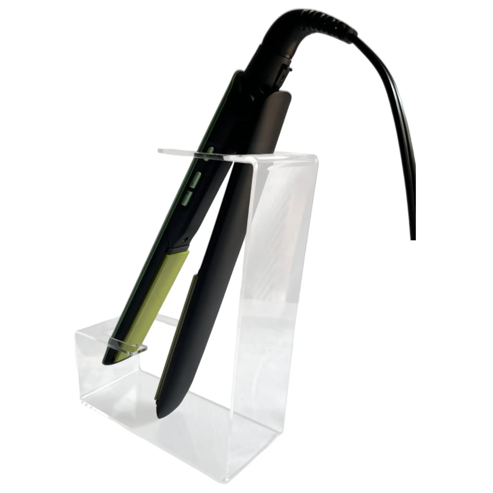 Plancha de cabello profesional negra y verde lima en soporte organizador acrílico transparente.