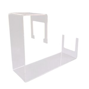 Soporte organizador de plancha acrílico transparente con base alargada y ranuras superiores.