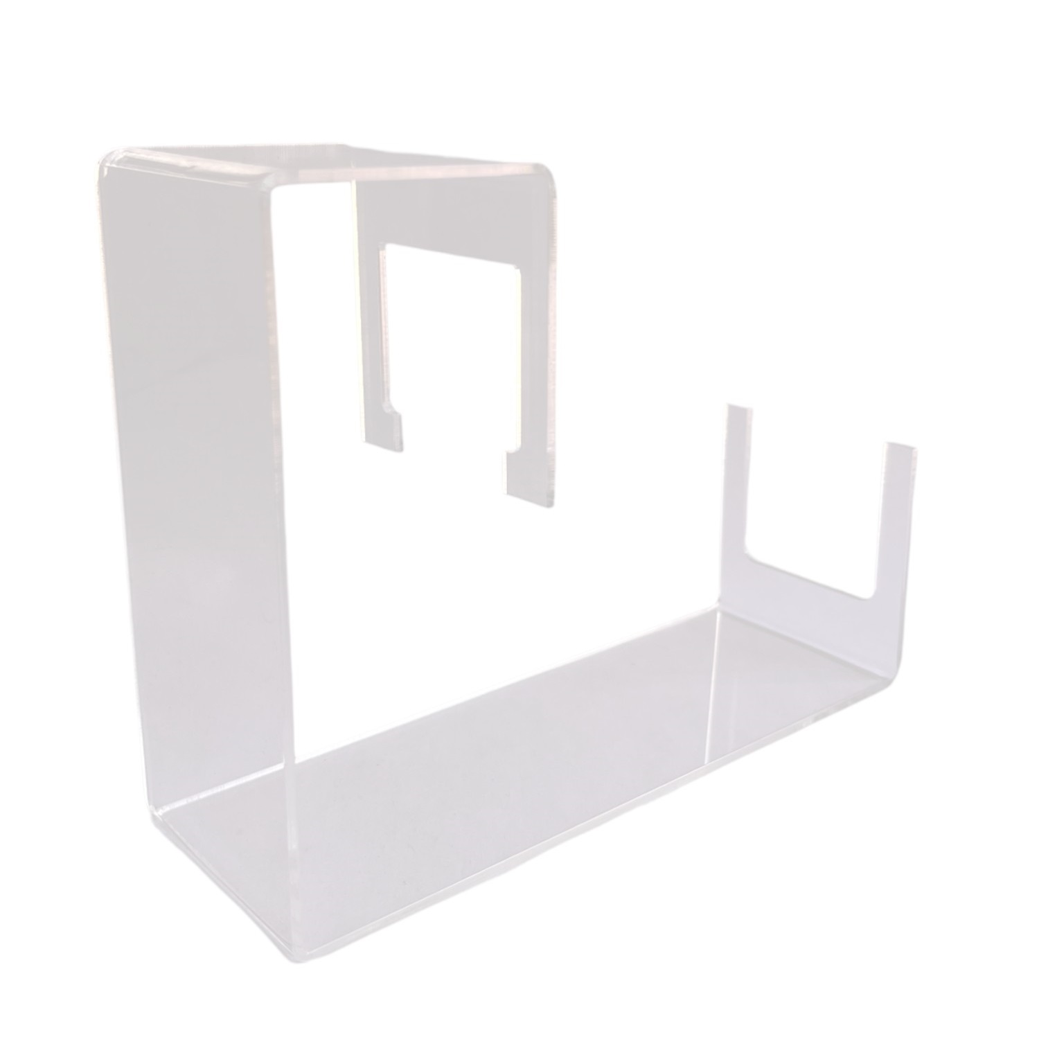 Soporte organizador de plancha acrílico transparente con base alargada y ranuras superiores.