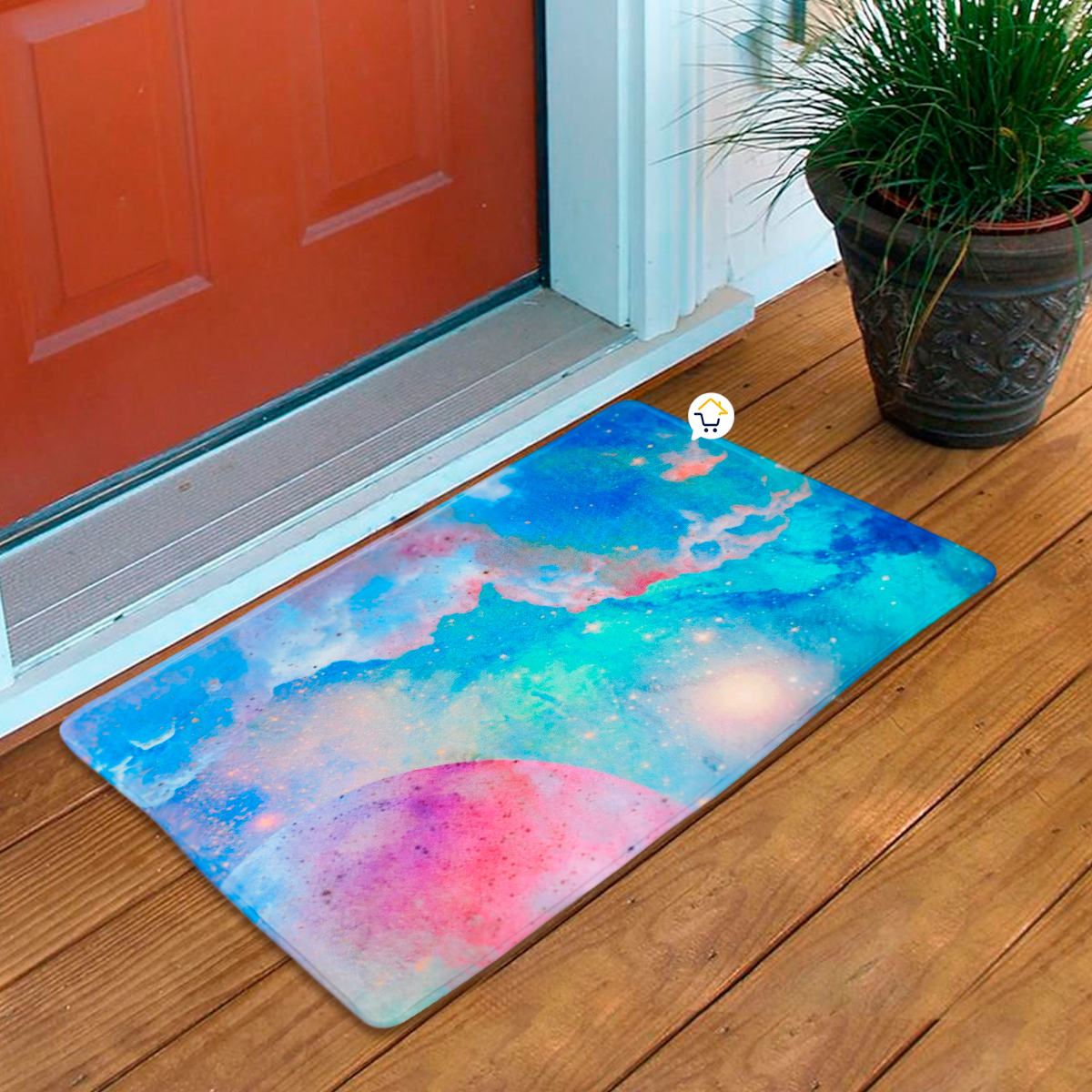 Tapete de entrada con diseño de galaxia en tonos azules y rosados, ideal para mantener el hogar limpio.