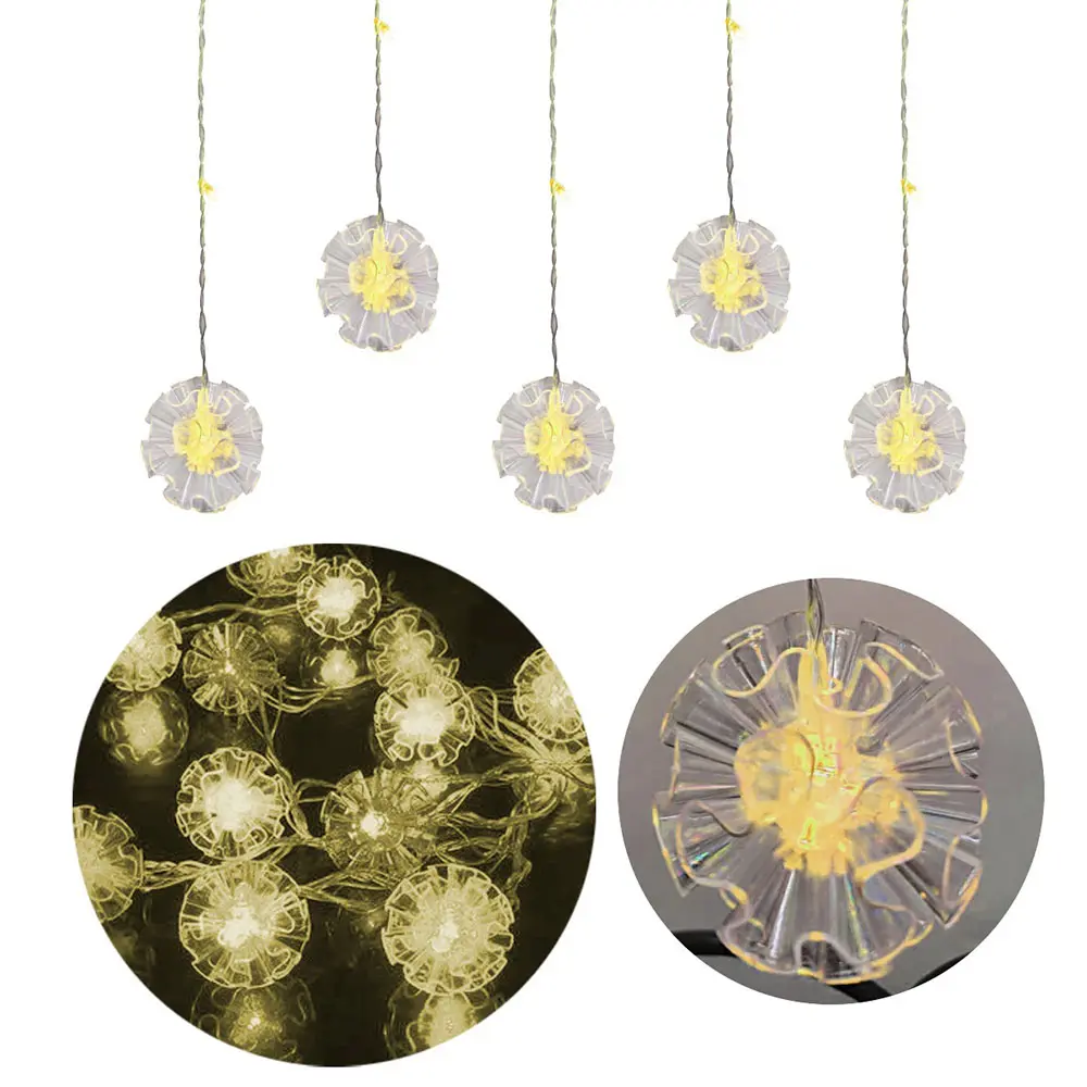 Cortina luces LED 3 metros, 5 flores blancas transparentes con centro amarillo brillante estilo pétalos.